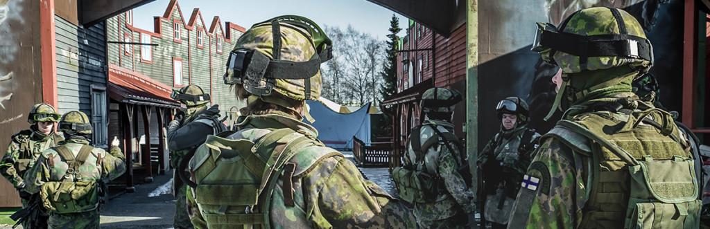 Finnish Defence Forces local forces reservists in an urban terrain exercise.