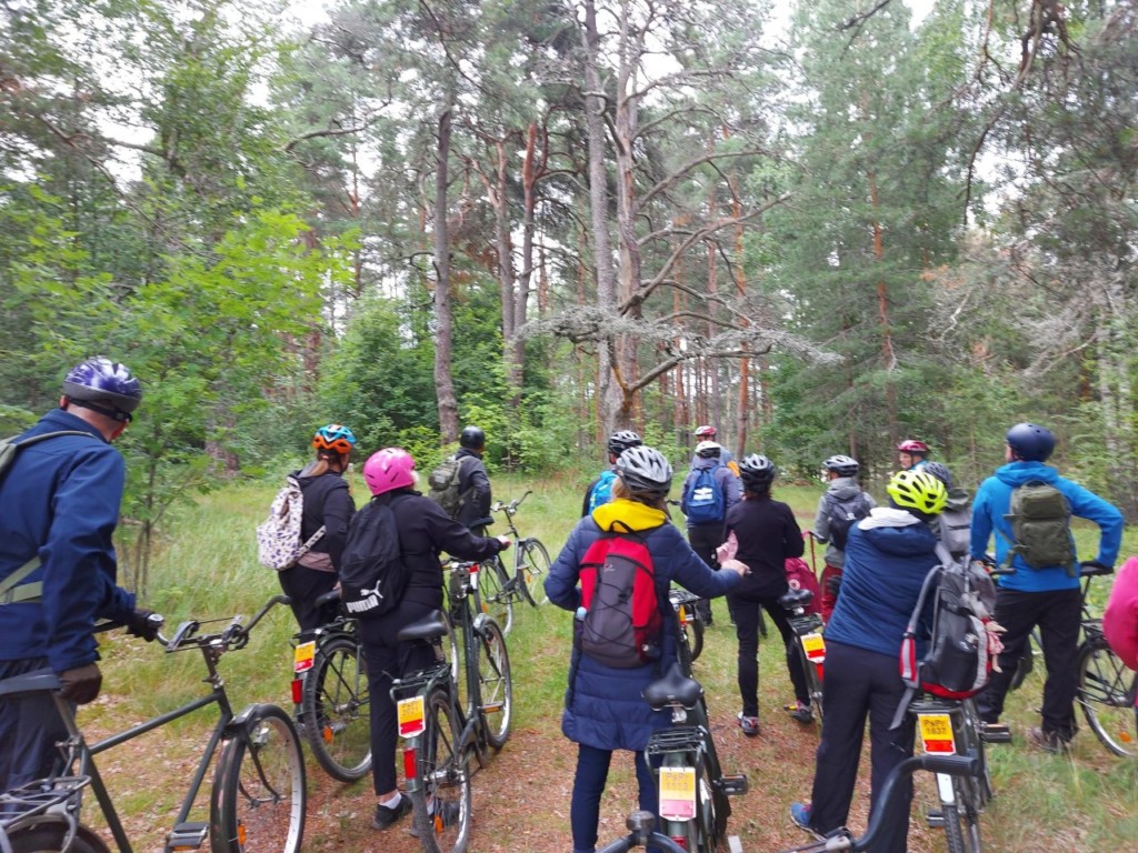 Ihmisiä polkupyörällä metsässä