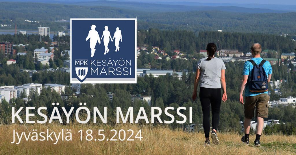 Kesäyön marssi Jyväskylä 2024 tunnuskuva. Nainen ja mies marssivat Laajavuoren rinteessä.