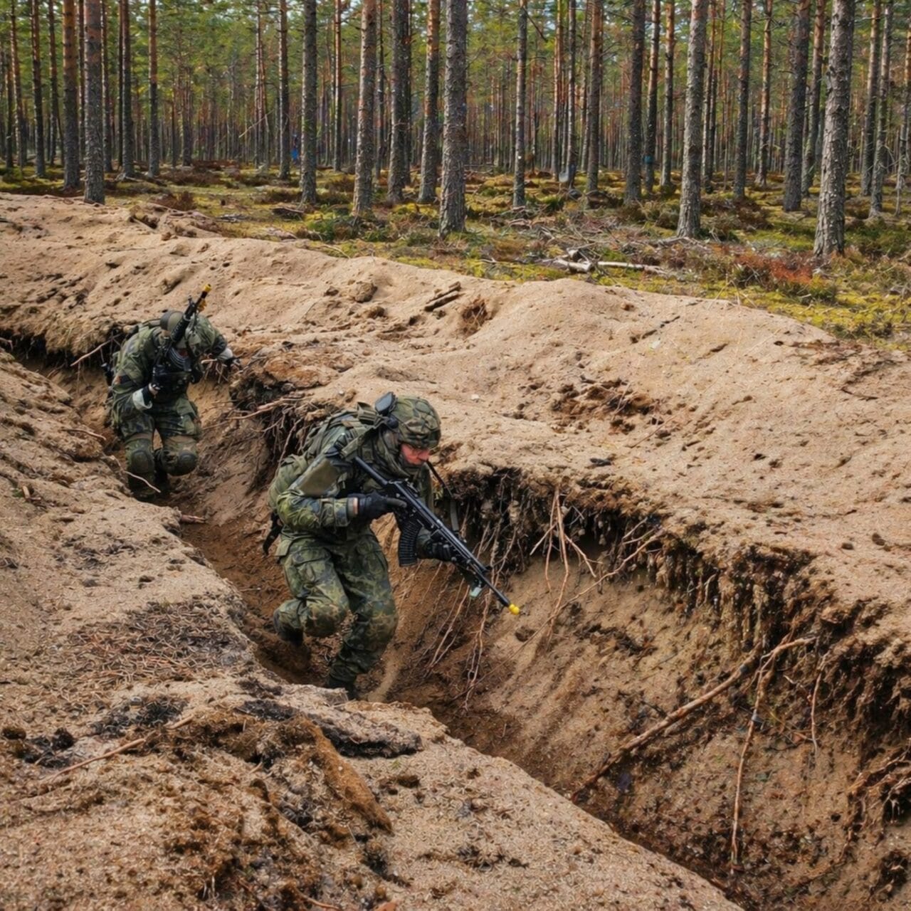 Kaksi henkilöä maastopuvuissa ja aseiden kanssa etenevät hiekkaiseen maahan kaivetussa taisteluhaudassa.