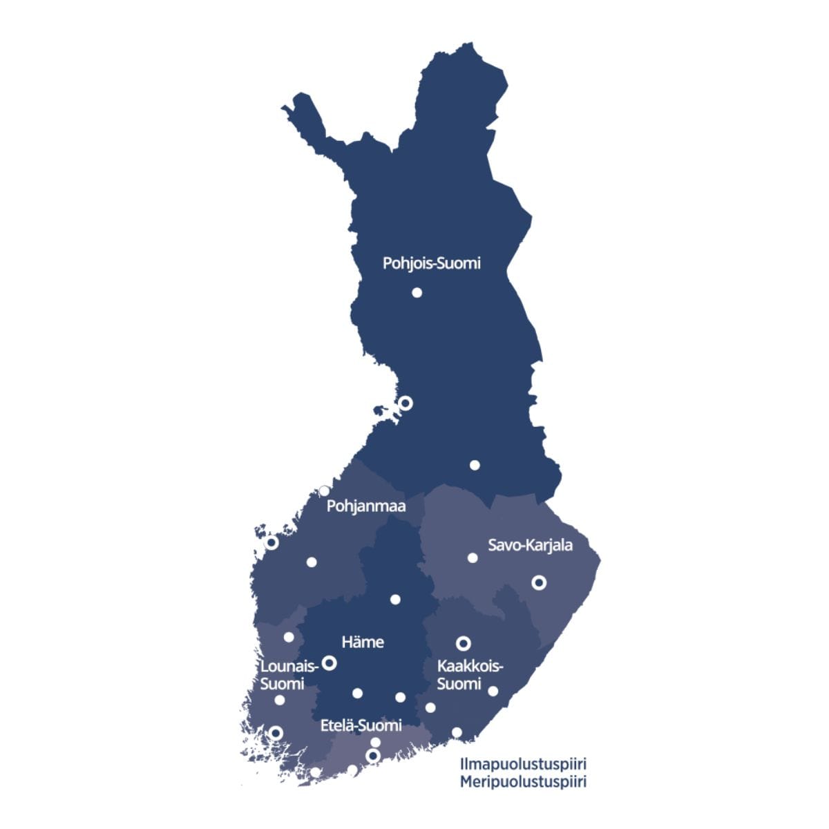Suomen kartta johon on merkitty piirit alueittain