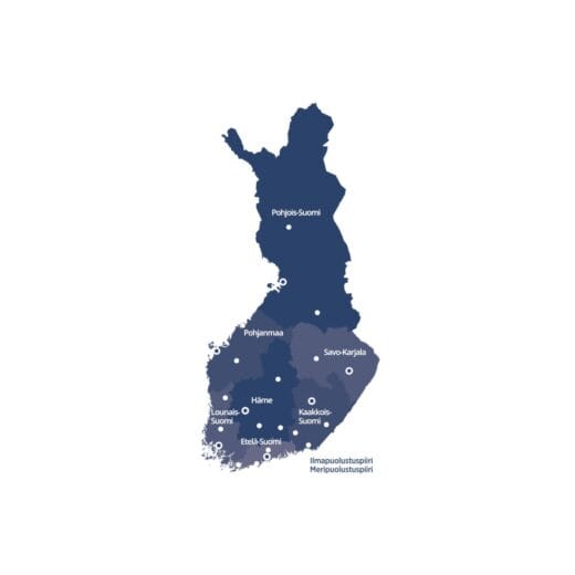 Suomen kartta johon on merkitty piirit alueittain