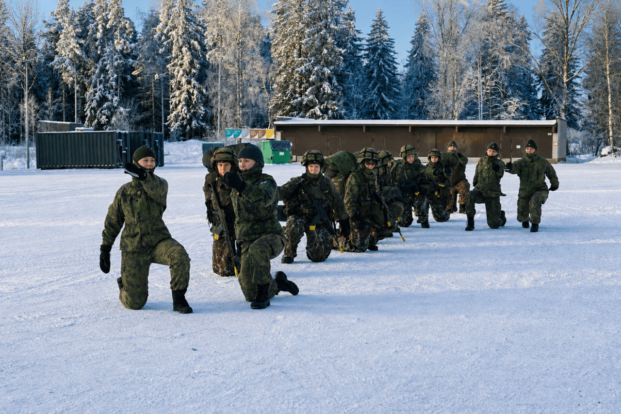 Ryhmä naisia maastopuvuissa talvisella ulkokentällä