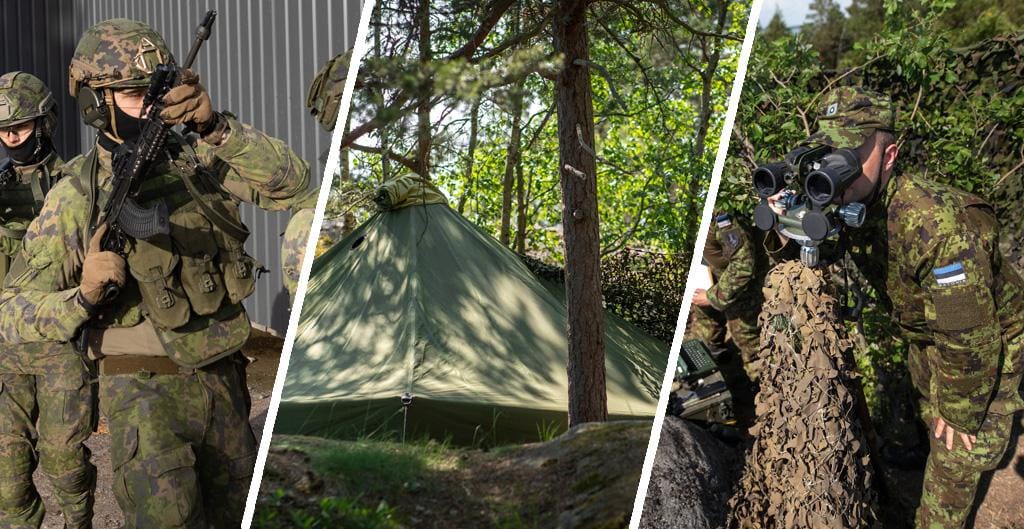 Kolmen kuvan sarja, joista yhdessä maastoasuinen ihminen, yhdessä teltta ja yhdessä virolainen sotilas kiikaroi