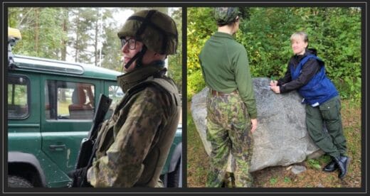 Kaksiosainen kuva, jossa vasemmalla sotilaspukuinen mies jeepin edessä ja oikealla mies ja nainen metsässä