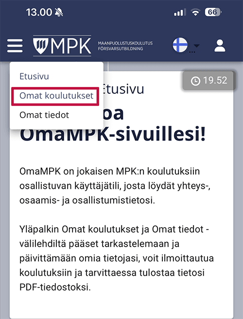 Kuvakaappaus OmaMPK-tililtä, jossa Omat koulutukset korostettu valikossa