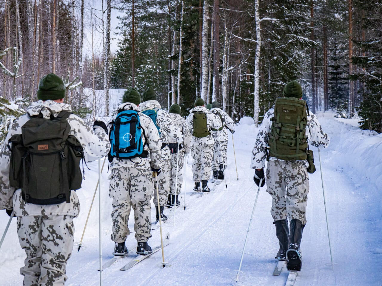 Lumipukuun pukeutuneita hiihtäjiä reput selässä hiihtämässä kamerasta poispäin talviseen metsään auratulla ladulla.